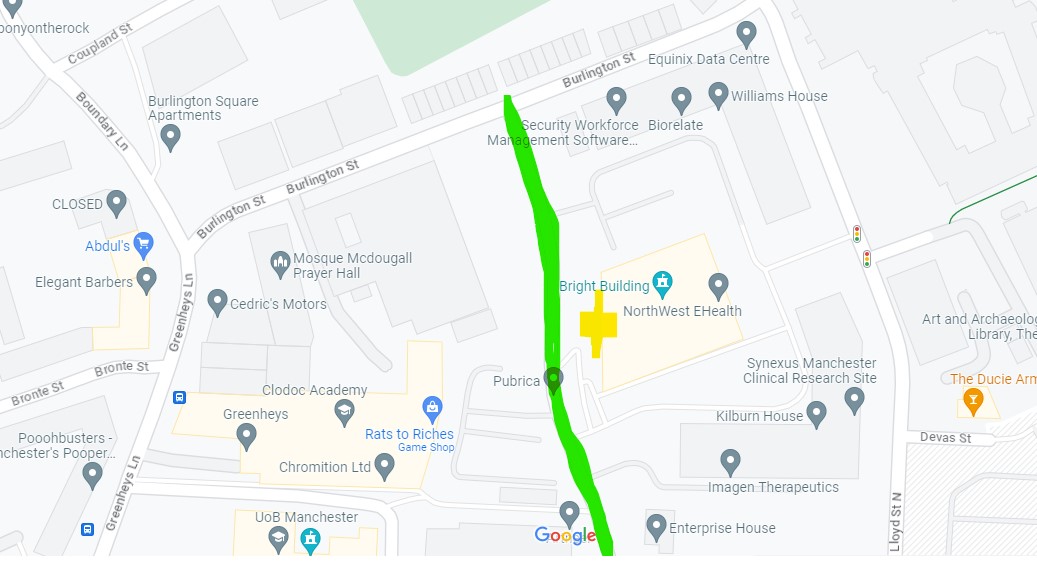 The building and entrance is on your left as you enter the Science Park from Burlington St.